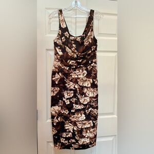 EXPRESS-SATIN FLORAL DRAPED NECK RUCHED MIDI SHEATH DRESS - Sz 8